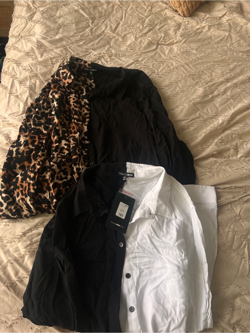 New Fashion Nova Black & White Button-shirt & black and cheetah print shirt